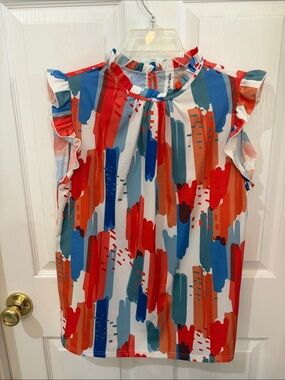 Tickled Teal Multicolor Abstract Ruffle Top - Coral, Blue & Teal